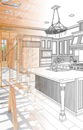 House Construction Framing Gradating Into Kitchen Design Drawing.
